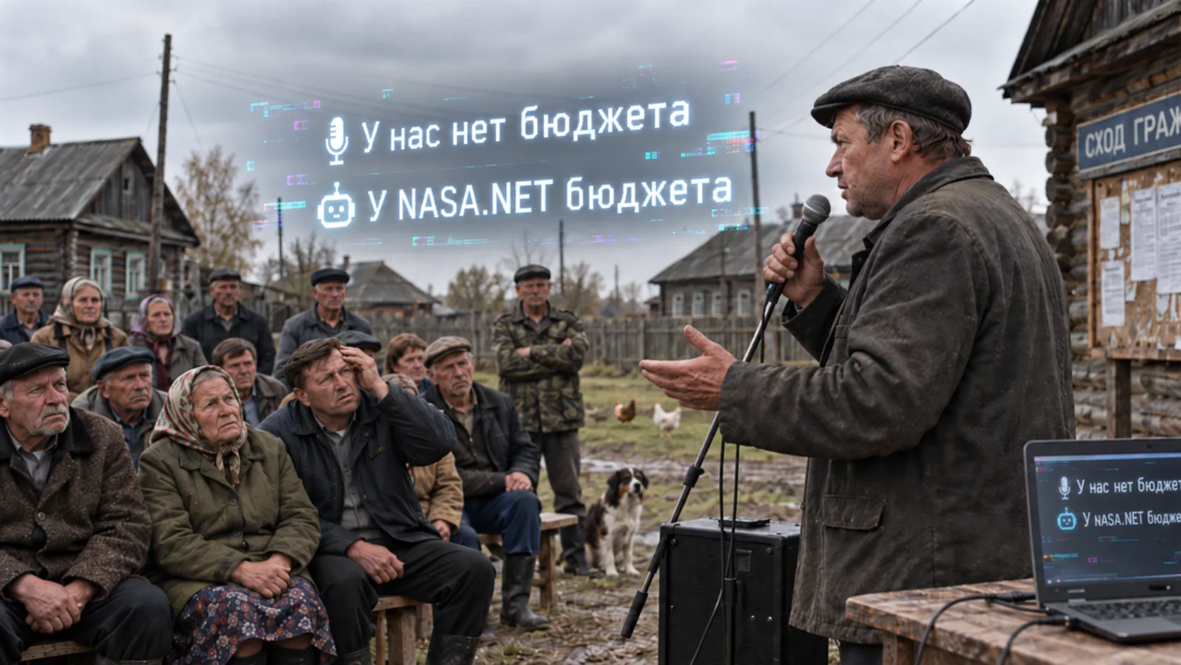 A village meeting where speech recognition turns the Russian phrase for "we have no budget" into "NASA.NET has a budget"