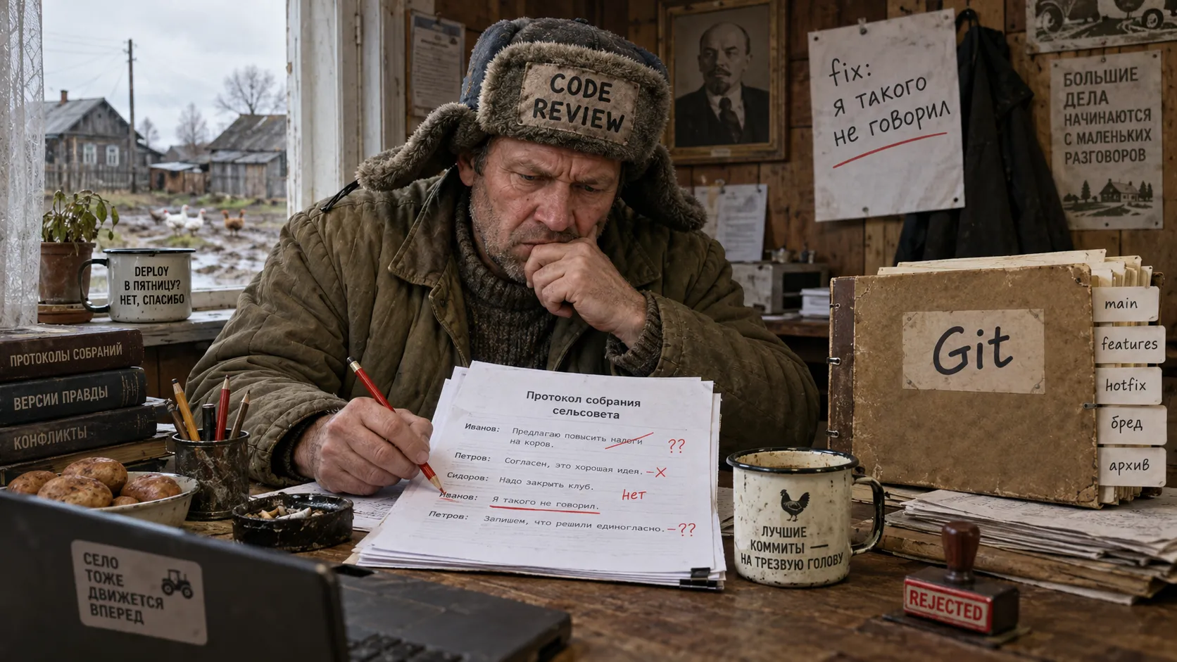 A man reviewing a meeting transcript with a red pencil, surrounded by Git folders and a note saying "I didn't say that"