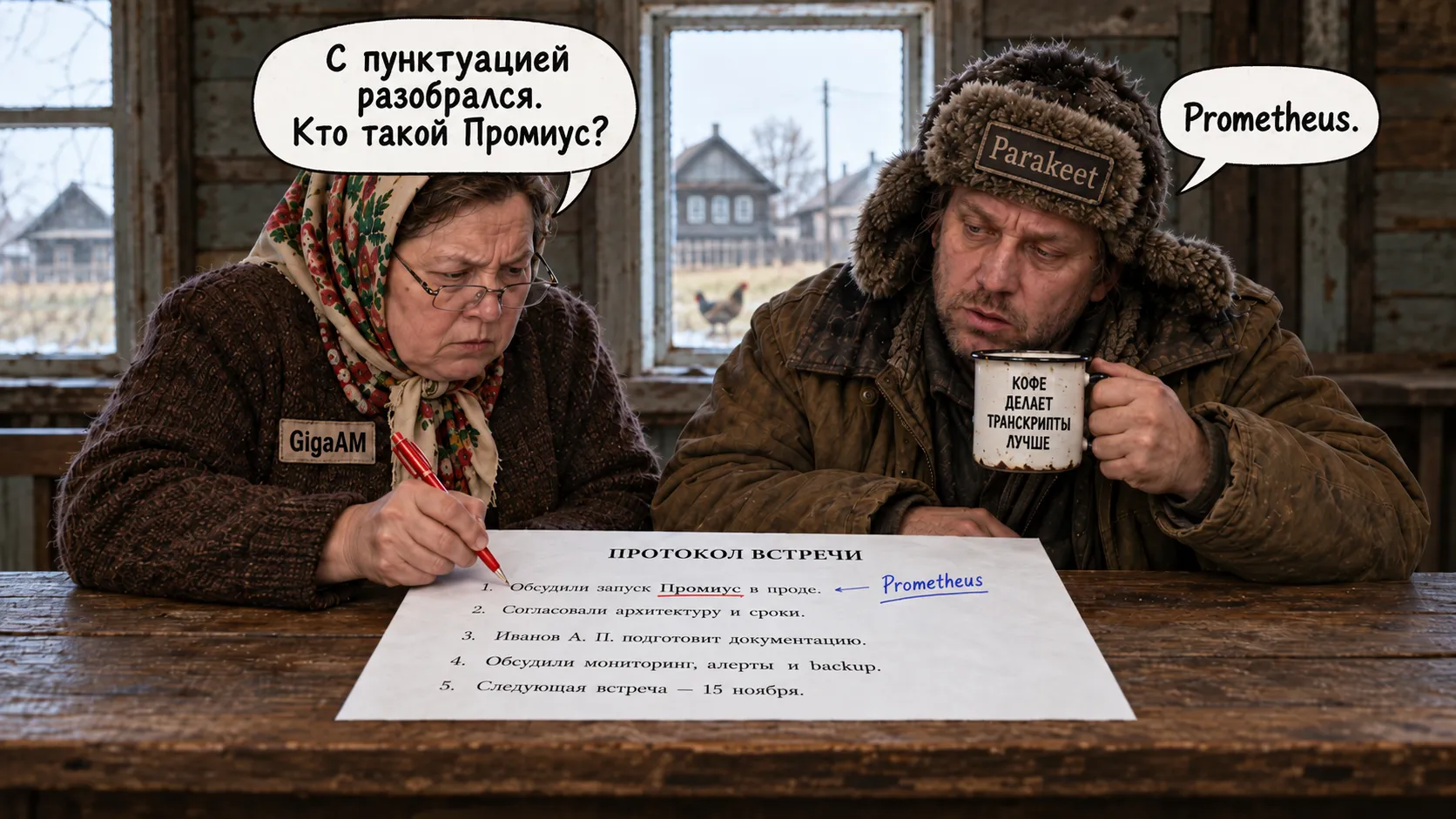 GigaAM handles the Russian text and punctuation while Parakeet corrects the misheard product name to Prometheus