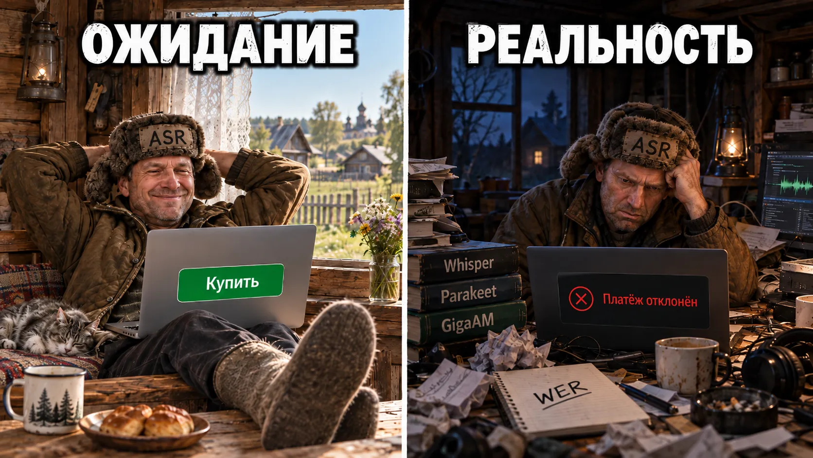 Expectation: buy a transcription app and relax. Reality: payment declined, followed by late-night experiments with Whisper, Parakeet, GigaAM, and WER